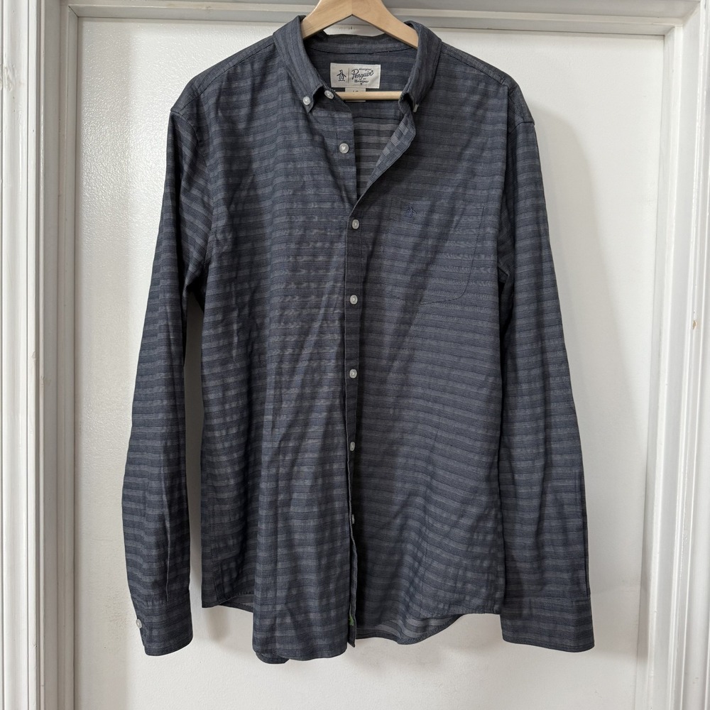 Original Penguin Button Down Shirt Gray Mens Large Striped Excellent Condition